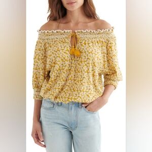 Lucky Brand Tie Front Off the Shoulder Peasant Top Yellow Ochre Size Small S